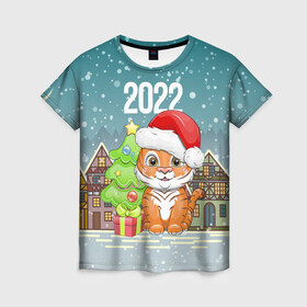 Женская футболка 3D с принтом Тигренок с елочкой в Курске, 100% полиэфир ( синтетическое хлопкоподобное полотно) | прямой крой, круглый вырез горловины, длина до линии бедер | 2022 | год тигра | новый год | новый год 2022 | символ года | тигр | тигренок | тигрица | тигры