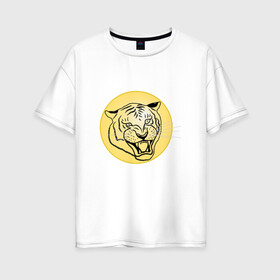 Женская футболка хлопок Oversize с принтом Тигр на новогоднем шарике в Курске, 100% хлопок | свободный крой, круглый ворот, спущенный рукав, длина до линии бедер
 | golden | head | holiday | mascot | new year | symbol | tiger | year of the tiger | год тигра | голова | золотой | новый год | праздник | символ | талисман | тигр