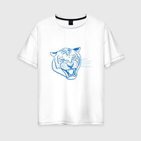 Женская футболка хлопок Oversize с принтом Контур головы синего тигра, арт лайн. в Курске, 100% хлопок | свободный крой, круглый ворот, спущенный рукав, длина до линии бедер
 | blue | head | holiday | mascot | new year | symbol | tiger | year of the tiger | арт лайн | год тигра | кошка | новогодний | новый год | праздник | символ | талисман