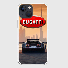 Чехол для iPhone 13 mini с принтом Bugatti на фоне Дубая ОАЭ с логотипом в Курске,  |  | bugatti chiron | bugatti veyron | бугатти | гиперкары | дубай | закат | оаэ | спортивные машины | спорткары