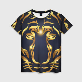 Женская футболка 3D с принтом Золотой символ года Тигр в Курске, 100% полиэфир ( синтетическое хлопкоподобное полотно) | прямой крой, круглый вырез горловины, длина до линии бедер | в чем встречать новый год | золотой узор | идея подарка на новый год | подарок на новый год | символ нового года | тигр золотой | тигр символ года 2022 | узоры из золота