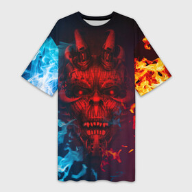 Платье-футболка 3D с принтом Diablo Fire Ice в Курске,  |  | black | demon | devil | fire | hell | horns | ice | prints | top | trend | ад | демон | дьявол | лёд | огонь | принты | рога | топ | тренд | черный