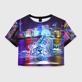 Женская футболка Crop-top 3D с принтом Плывущий неоновый тигр в Курске, 100% полиэстер | круглая горловина, длина футболки до линии талии, рукава с отворотами | год тигра | животные | неоновый тиг | плывущий тигр | тигр