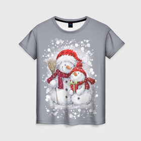 Женская футболка 3D с принтом Два снеговика в Курске, 100% полиэфир ( синтетическое хлопкоподобное полотно) | прямой крой, круглый вырез горловины, длина до линии бедер | Тематика изображения на принте: 2022 | год тигра | новогодний подарок | новый год | подарок на новый год | снег | снеговик | снеговики