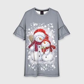 Детское платье 3D с принтом Два снеговика в Курске, 100% полиэстер | прямой силуэт, чуть расширенный к низу. Круглая горловина, на рукавах — воланы | Тематика изображения на принте: 2022 | год тигра | новогодний подарок | новый год | подарок на новый год | снег | снеговик | снеговики