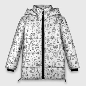 Женская зимняя куртка Oversize с принтом Зимнее дудл настроение в Курске, верх — 100% полиэстер; подкладка — 100% полиэстер; утеплитель — 100% полиэстер | длина ниже бедра, силуэт Оверсайз. Есть воротник-стойка, отстегивающийся капюшон и ветрозащитная планка. 

Боковые карманы с листочкой на кнопках и внутренний карман на молнии | бант | бантик | дудл | дудлики | елка | елочка | колокольчик | кот | нарисованный | облако | от руки | сердечко | сердце | снег | снеговик | снежинка | солнце | шарик