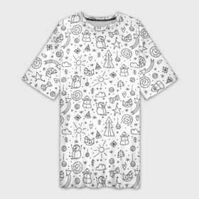 Платье-футболка 3D с принтом Зимнее дудл настроение в Курске,  |  | бант | бантик | дудл | дудлики | елка | елочка | колокольчик | кот | нарисованный | облако | от руки | сердечко | сердце | снег | снеговик | снежинка | солнце | шарик