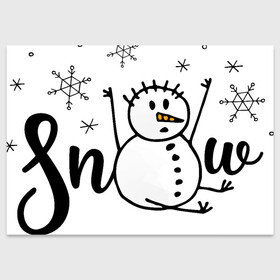 Поздравительная открытка с принтом Снеговик ловит снежинки в Курске, 100% бумага | плотность бумаги 280 г/м2, матовая, на обратной стороне линовка и место для марки
 | Тематика изображения на принте: дудл | зима | зимний | леттеринг | надпись | нарисованный | от руки | снег | снеговик | снежинки | текст