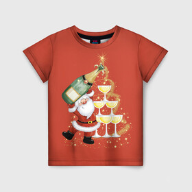 Детская футболка 3D с принтом Дед Мороз и шампанское в Курске, 100% гипоаллергенный полиэфир | прямой крой, круглый вырез горловины, длина до линии бедер, чуть спущенное плечо, ткань немного тянется | Тематика изображения на принте: 2022 | год тигра | дед мороз | новогоднее шампанское | новый год | подарок на новый год | праздник