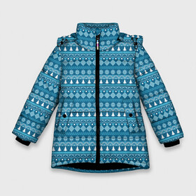 Зимняя куртка для девочек 3D с принтом Новогодний узор сине белого цвета в Курске, ткань верха — 100% полиэстер; подклад — 100% полиэстер, утеплитель — 100% полиэстер. | длина ниже бедра, удлиненная спинка, воротник стойка и отстегивающийся капюшон. Есть боковые карманы с листочкой на кнопках, утяжки по низу изделия и внутренний карман на молнии. 

Предусмотрены светоотражающий принт на спинке, радужный светоотражающий элемент на пуллере молнии и на резинке для утяжки. | 2022 | gift | ёлка | новый год | подарки | подарок | снежинка | узор