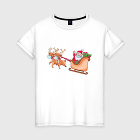 Женская футболка хлопок с принтом Санта в маске в Курске, 100% хлопок | прямой крой, круглый вырез горловины, длина до линии бедер, слегка спущенное плечо | christmas | deer | gifts | holiday | masks | new year | santa | sleigh | маски | новый год | олени | подарки | праздник | рождество | сани | санта
