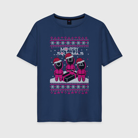 Женская футболка хлопок Oversize с принтом Sweater Squidmas в Курске, 100% хлопок | свободный крой, круглый ворот, спущенный рукав, длина до линии бедер
 | squid game | дед мороз | игра | игра в кальмара | кальмар | новогодние игры в кальмара | новогодний | новый год | подарок | свитера | сериал | сериал игра в кальмара