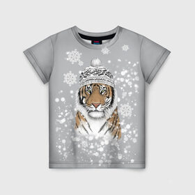Детская футболка 3D с принтом Снежный тигр в Курске, 100% гипоаллергенный полиэфир | прямой крой, круглый вырез горловины, длина до линии бедер, чуть спущенное плечо, ткань немного тянется | Тематика изображения на принте: 2022 | год тигра | зимний тигр | новогодний подарок | новый год | новый год 2020 | подарок на новый год | снег