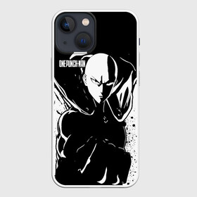 Чехол для iPhone 13 mini с принтом Черно белый Сайтама One Punch Man в Курске,  |  | hagemanto | one punch man | one punchman | onepunchman | saitama | sensei | аниме | ван панч мен | ванпанчмен | лысый плащ | манга | сайтама | сильнейший человек | учитель | человек одинудар | человек одного удара