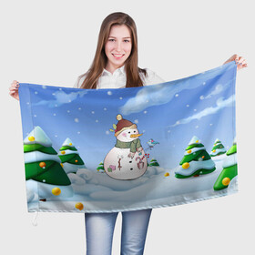 Флаг 3D с принтом Веселый Снеговичок в Курске, 100% полиэстер | плотность ткани — 95 г/м2, размер — 67 х 109 см. Принт наносится с одной стороны | 2022 | новогодний | новый год | рождество | снег | снеговик
