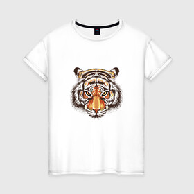 Женская футболка хлопок с принтом Морда тигра от John Art в Курске, 100% хлопок | прямой крой, круглый вырез горловины, длина до линии бедер, слегка спущенное плечо | животные | новый год | праздник | тигр