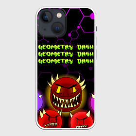 Чехол для iPhone 13 mini с принтом GEOMETRY DASH DEMONS   ДЕМОНЫ в Курске,  |  | 2d игра | demons | geometry dash | mobile game | robtop | space | геометри даш | демоны | космос | кубики | кубы | мобильная игра | неон