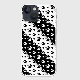 Чехол для iPhone 13 mini с принтом Следы от Лап в Курске,  |  | black white | chess | dog | dog pawprints | paws | животное | зверь | лапы | пёс | следы от лап | собака | собачьи следы от лап | хищник | чёрно белое | шахматка | щенок