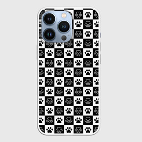 Чехол для iPhone 13 Pro с принтом Следы на Шахматном Фоне в Курске,  |  | black white | chess | dog | dog pawprints | paws | животное | зверь | лапы | пёс | следы от лап | собака | собачьи следы от лап | хищник | чёрно белое | шахматка | щенок