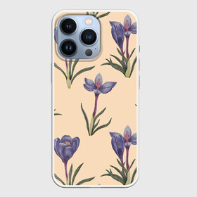 Чехол для iPhone 13 Pro с принтом Цветы шафрана на бежевом фоне в Курске,  |  | 8 марта | flowers | march 8 | spring | бежевый | ботаническая иллюстрация | весна | день рождения | зеленый | лето | любовь | праздник | принт | природа | растения | фиолетовый | цветы | шафран