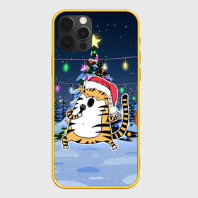 Чехол для iPhone 12 Pro с принтом Тигр поел у елки в Курске, силикон | область печати: задняя сторона чехла, без боковых панелей | 2022 | год тигра | новый год | новый год 2022 | символ года | тигр | тигренок | тигрица | тигры