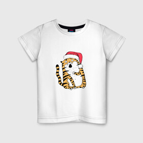 Детская футболка хлопок с принтом Удивленный новогодний тигр в Курске, 100% хлопок | круглый вырез горловины, полуприлегающий силуэт, длина до линии бедер | Тематика изображения на принте: 2022 | год тигра | новый год | новый год 2022 | символ года | тигр | тигренок | тигрица | тигры