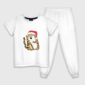 Детская пижама хлопок с принтом Удивленный новогодний тигр в Курске, 100% хлопок |  брюки и футболка прямого кроя, без карманов, на брюках мягкая резинка на поясе и по низу штанин
 | Тематика изображения на принте: 2022 | год тигра | новый год | новый год 2022 | символ года | тигр | тигренок | тигрица | тигры