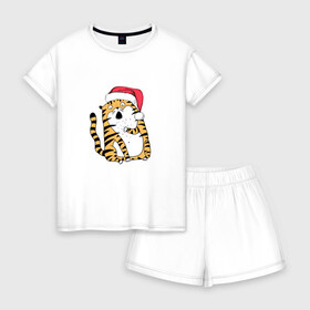 Женская пижама с шортиками хлопок с принтом Удивленный новогодний тигр в Курске, 100% хлопок | футболка прямого кроя, шорты свободные с широкой мягкой резинкой | 2022 | год тигра | новый год | новый год 2022 | символ года | тигр | тигренок | тигрица | тигры