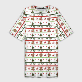 Платье-футболка 3D с принтом узор новогодний Бело красно зеленый в Курске,  |  | deer | new year | елка | колокольчики | новый год | олень | растение | снежинка | узор