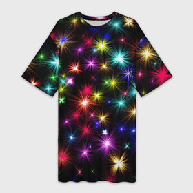 Платье-футболка 3D с принтом ПРАЗДНИЧНЫЕ ОГОНЬКИ в Курске,  |  | Тематика изображения на принте: christmas | lights | new year | stars | гирлянда | звезды | зима | новый год | огни | праздник | разноцветные | текстура | яркие