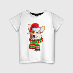 Детская футболка хлопок с принтом Новогодний Вельш корги в Курске, 100% хлопок | круглый вырез горловины, полуприлегающий силуэт, длина до линии бедер | christmas | corgi | dog | santa | дед мороз | елка | зима | корги | новый год | рождество | санта | снег | снегурочка | снежинка | собака | собачка | щенок