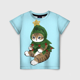 Детская футболка 3D с принтом Кот ёлочка в Курске, 100% гипоаллергенный полиэфир | прямой крой, круглый вырез горловины, длина до линии бедер, чуть спущенное плечо, ткань немного тянется | арт | арт с котом | в подарок | для детей | для ребенка | елка | забавный кот | иллюстрация | илюстрация | к новому году | кот | кот в костюме | коты | кошка | кошки | красивый кот | милые животные | на