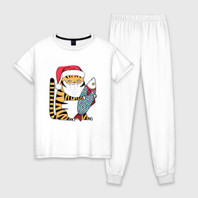 Женская пижама хлопок с принтом Тигр с большой рыбой в Курске, 100% хлопок | брюки и футболка прямого кроя, без карманов, на брюках мягкая резинка на поясе и по низу штанин | 2022 | год тигра | новый год | новый год 2022 | символ года | тигр | тигренок | тигрица | тигры