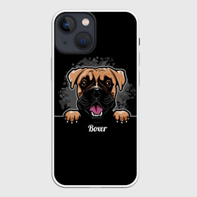 Чехол для iPhone 13 mini с принтом Боксёр (Boxer) в Курске,  |  | Тематика изображения на принте: animal | boxer | bulldog | dog | fighting dog | pit bull | бойцовская собака | боксёр | бульдог | год собаки | друг человека | животное | кинолог | немецкий боксёр | пёс | питбуль | порода собак | собака боксёр | собаковод