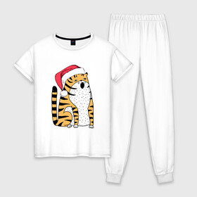Женская пижама хлопок с принтом Удивленный тигр с открытым ртом в Курске, 100% хлопок | брюки и футболка прямого кроя, без карманов, на брюках мягкая резинка на поясе и по низу штанин | 2022 | год тигра | новый год | новый год 2022 | символ года | тигр | тигренок | тигрица | тигры