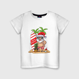 Детская футболка хлопок с принтом Santa on Vibe в Курске, 100% хлопок | круглый вырез горловины, полуприлегающий силуэт, длина до линии бедер | art | beach | christmas | new year | palm trees | pineapple | sand | santa | santa claus | surfing | vibe | ананас | арт | вайб | новый год | пальмы | песок | пляж | рождество | санта | санта клаус | серфинг