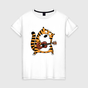 Женская футболка хлопок с принтом Тигр играет на гитаре в Курске, 100% хлопок | прямой крой, круглый вырез горловины, длина до линии бедер, слегка спущенное плечо | 2022 | год тигра | новый год | новый год 2022 | символ года | тигр | тигренок | тигрица | тигры