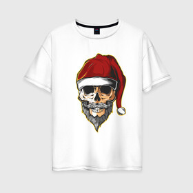 Женская футболка хлопок Oversize с принтом Santa Skull в Курске, 100% хлопок | свободный крой, круглый ворот, спущенный рукав, длина до линии бедер
 | art | beard | hat | santa | skull | арт | борода | санта | череп | шапка