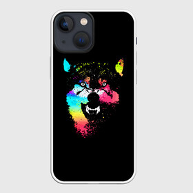 Чехол для iPhone 13 mini с принтом Неоновый свирепый волк в Курске,  |  | color | enemy | fangs | force | grin | jaw | power | wolf | волк | зверь | клыки | мощь | неон | оскал | пасть | сила | цвет