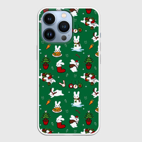 Чехол для iPhone 13 Pro с принтом Новогодний паттерн с зайчиками в Курске,  |  | 2022 | christmas | new year | животные | зайчик | заяц | звери | зверюшки | кавай | милота | милый | нг | новогодний | новый год | паттерн | рождество