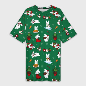 Платье-футболка 3D с принтом Новогодний паттерн с зайчиками в Курске,  |  | 2022 | christmas | new year | животные | зайчик | заяц | звери | зверюшки | кавай | милота | милый | нг | новогодний | новый год | паттерн | рождество