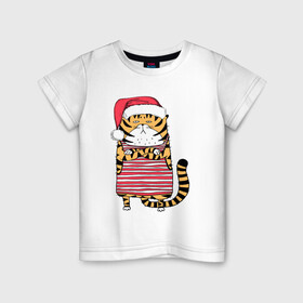 Детская футболка хлопок с принтом Недовольный повар   тигр в Курске, 100% хлопок | круглый вырез горловины, полуприлегающий силуэт, длина до линии бедер | Тематика изображения на принте: 2022 | год тигра | новый год | новый год 2022 | символ года | тигр | тигренок | тигрица | тигры