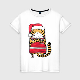 Женская футболка хлопок с принтом Недовольный повар   тигр в Курске, 100% хлопок | прямой крой, круглый вырез горловины, длина до линии бедер, слегка спущенное плечо | Тематика изображения на принте: 2022 | год тигра | новый год | новый год 2022 | символ года | тигр | тигренок | тигрица | тигры