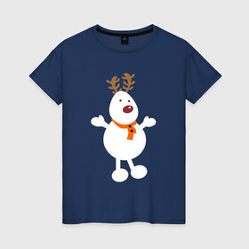 Женская футболка хлопок с принтом Олень снеговик 01 в Курске, 100% хлопок | прямой крой, круглый вырез горловины, длина до линии бедер, слегка спущенное плечо | 2022новыгод | 2023новыгод | василинка | дед мороз | ёлки | новый год | олень | снегови | снеговик олень