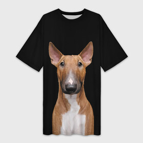 Платье-футболка 3D с принтом Строгий смелый взгляд в Курске,  |  | bull terrier | dog | ears | eyes | muzzle | view | бультерьер | взгляд | глаза | пёс | собака | уши