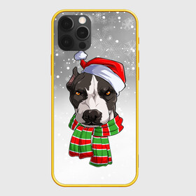 Чехол для iPhone 12 Pro с принтом Новогодний Питбуль   New Years Pit bull в Курске, силикон | область печати: задняя сторона чехла, без боковых панелей | christmas | dog | pit bull | santa | дед мороз | зима | новый год | питбуль | рождество | санта | снег | снежинка | собака | собачка | щенок