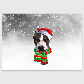 Поздравительная открытка с принтом Новогодний Питбуль   New Years Pit bull в Курске, 100% бумага | плотность бумаги 280 г/м2, матовая, на обратной стороне линовка и место для марки
 | Тематика изображения на принте: christmas | dog | pit bull | santa | дед мороз | зима | новый год | питбуль | рождество | санта | снег | снежинка | собака | собачка | щенок