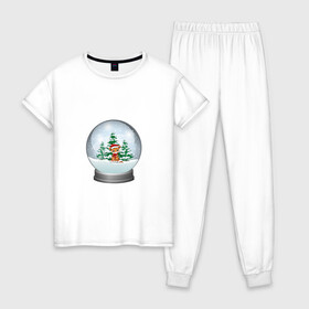 Женская пижама хлопок с принтом Зимний шар с тигром в Курске, 100% хлопок | брюки и футболка прямого кроя, без карманов, на брюках мягкая резинка на поясе и по низу штанин | зима | зимний шар | новый год | подарок | рождество | сказка | снег | снежный шар | тигр | холод | шар