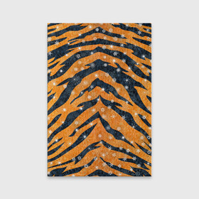Обложка для паспорта матовая кожа с принтом Новогодняя шкура тигра в Курске, натуральная матовая кожа | размер 19,3 х 13,7 см; прозрачные пластиковые крепления | 2022 | новый год | оранжевый | полосатый | полоски | полосы | снег | снежинки | тгриный | тигр