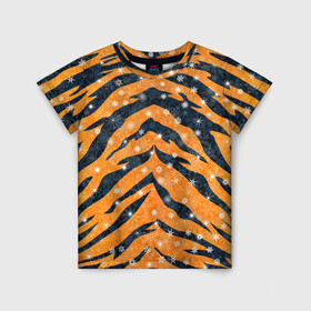 Детская футболка 3D с принтом Новогодняя шкура тигра в Курске, 100% гипоаллергенный полиэфир | прямой крой, круглый вырез горловины, длина до линии бедер, чуть спущенное плечо, ткань немного тянется | Тематика изображения на принте: 2022 | новый год | оранжевый | полосатый | полоски | полосы | снег | снежинки | тгриный | тигр